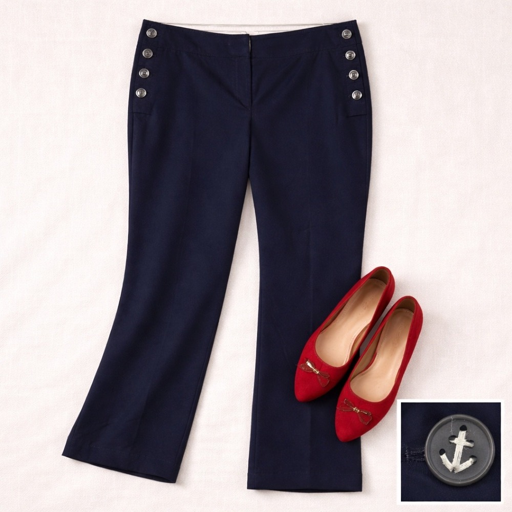 LOFT Nautical Navy Julie Trousers Straight Leg Pant Coastal‎ Button Detail 12